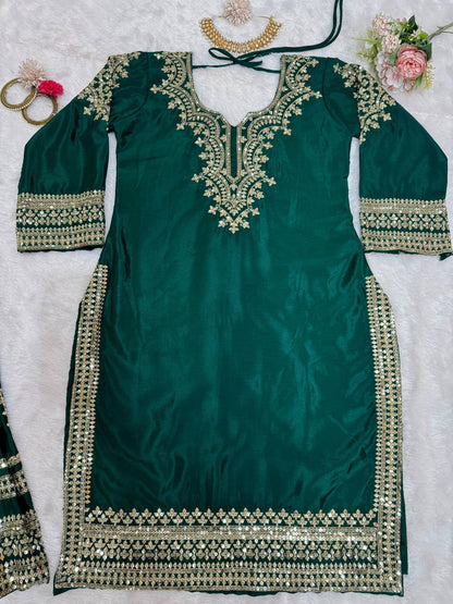 Heavy embroidered chinnon silk kurta sharara with net dupatta sets