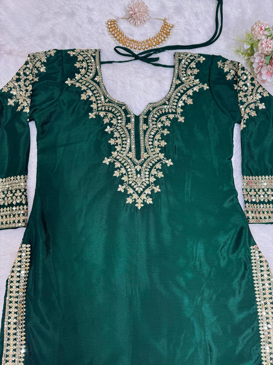Heavy embroidered chinnon silk kurta sharara with net dupatta sets