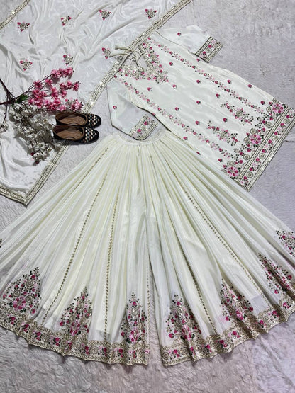 Women's designer heavy chinnon silk hand embroidered kurta palazzo with dupatta sets