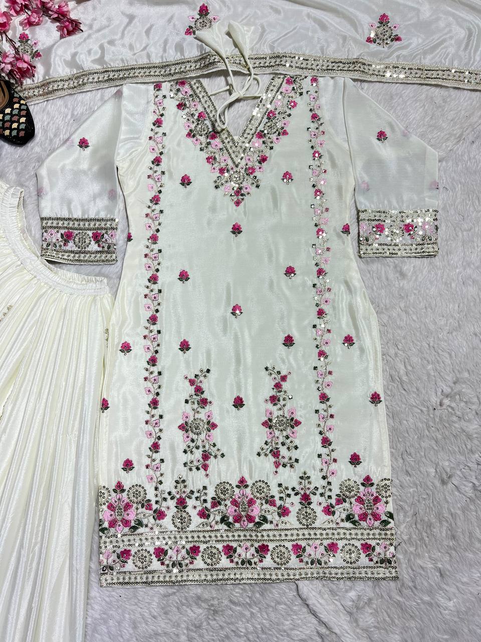 Women's designer heavy chinnon silk hand embroidered kurta palazzo with dupatta sets