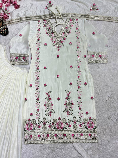 Women's designer heavy chinnon silk hand embroidered kurta palazzo with dupatta sets