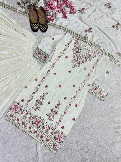 Women's designer heavy chinnon silk hand embroidered kurta palazzo with dupatta sets