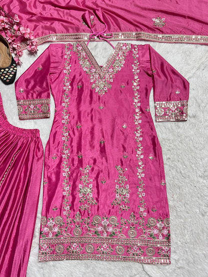 Women's designer heavy chinnon silk hand embroidered kurta palazzo with dupatta sets