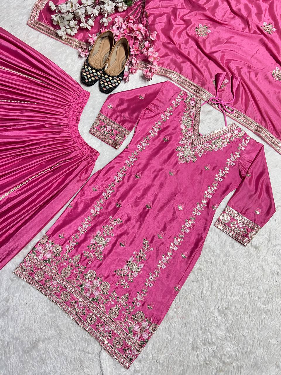 Women's designer heavy chinnon silk hand embroidered kurta palazzo with dupatta sets