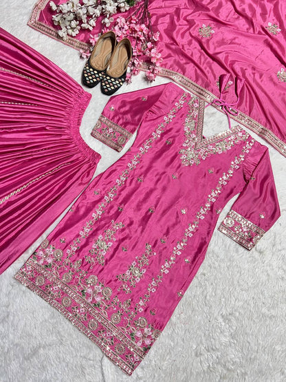 Women's designer heavy chinnon silk hand embroidered kurta palazzo with dupatta sets