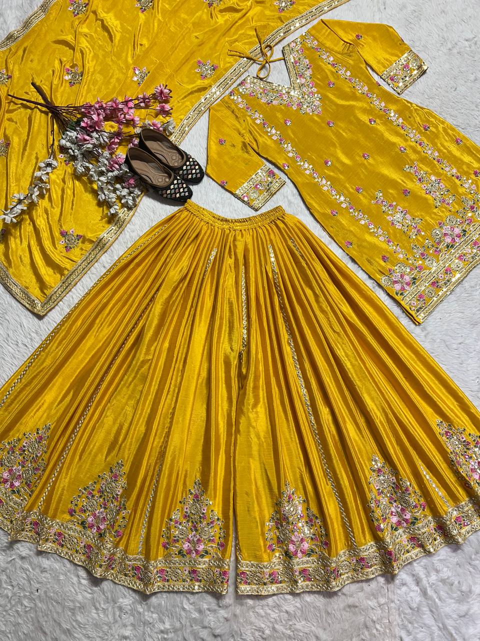 Women's designer heavy chinnon silk hand embroidered kurta palazzo with dupatta sets