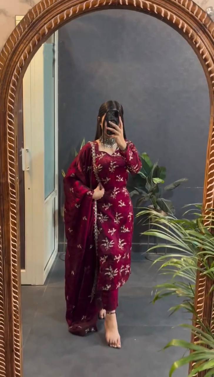 Women's designer  Crunchy Silk thread and handwork kurta sets