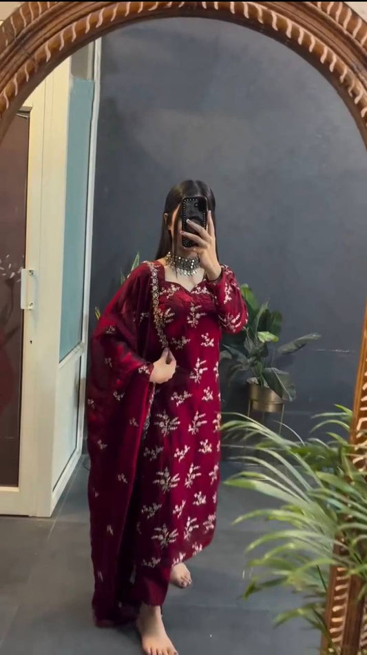 Women's designer  Crunchy Silk thread and handwork kurta sets