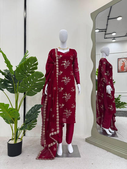 Women's designer  Crunchy Silk thread and handwork kurta sets