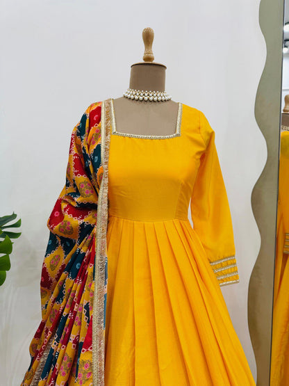 Women's designer chinnon silk gown palazzo with georgette digital print dupatta sets