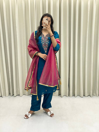 Silk kurta pant with net dupatta sets