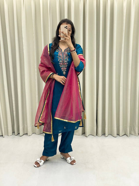 Silk kurta pant with net dupatta sets