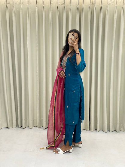 Silk kurta pant with net dupatta sets