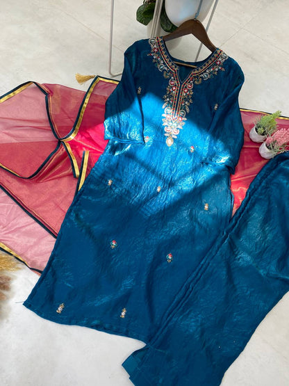 Silk kurta pant with net dupatta sets
