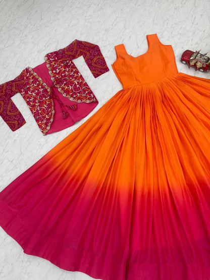 Designer silk gown with bandhej jacket for wedding wear