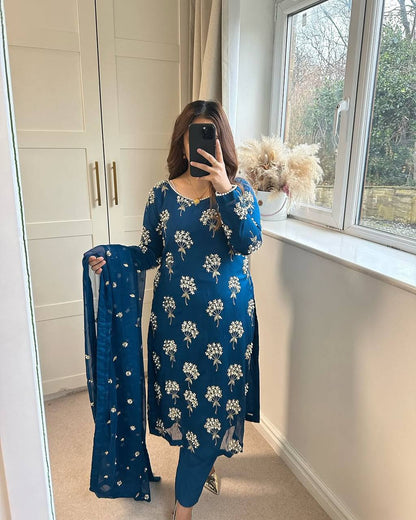 Elegant Designer Long Top, Pant, and Dupatta Set with Heavy Embroidery