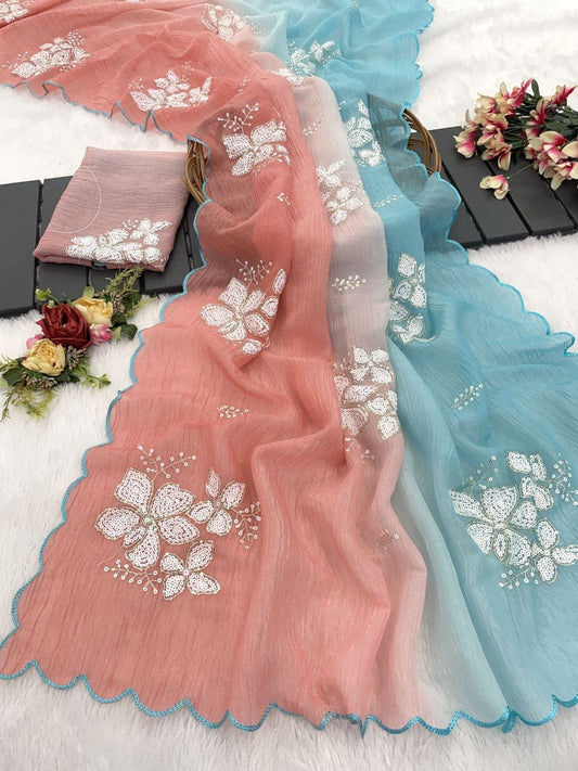 Beautiful shaded colors in luxurious Crunchy Crush Saree