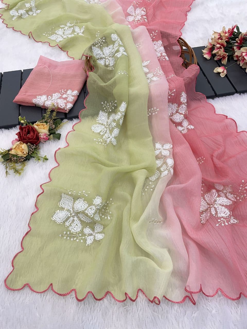 Beautiful shaded colors in luxurious Crunchy Crush Saree