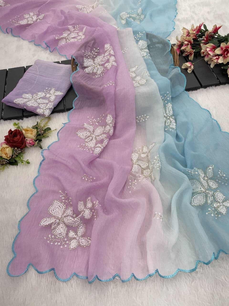 Beautiful shaded colors in luxurious Crunchy Crush Saree