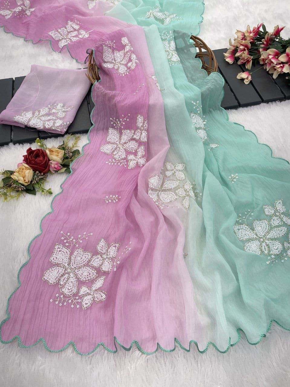 Beautiful shaded colors in luxurious Crunchy Crush Saree