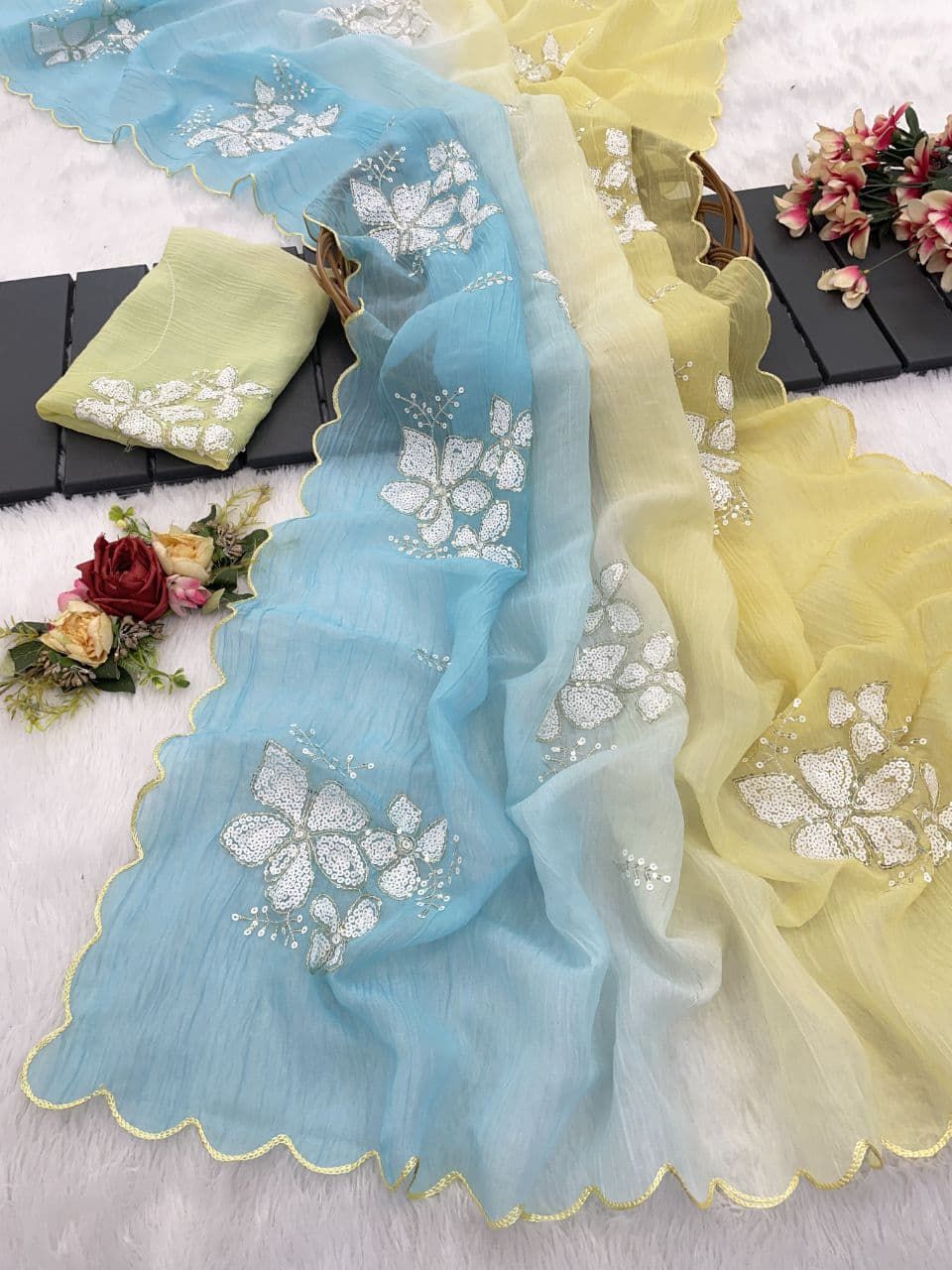 Beautiful shaded colors in luxurious Crunchy Crush Saree