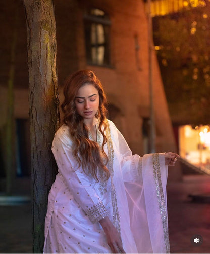 "Exquisite Pure Cinon Silk Ensemble with Heavy Embroidery & Sequence Work"