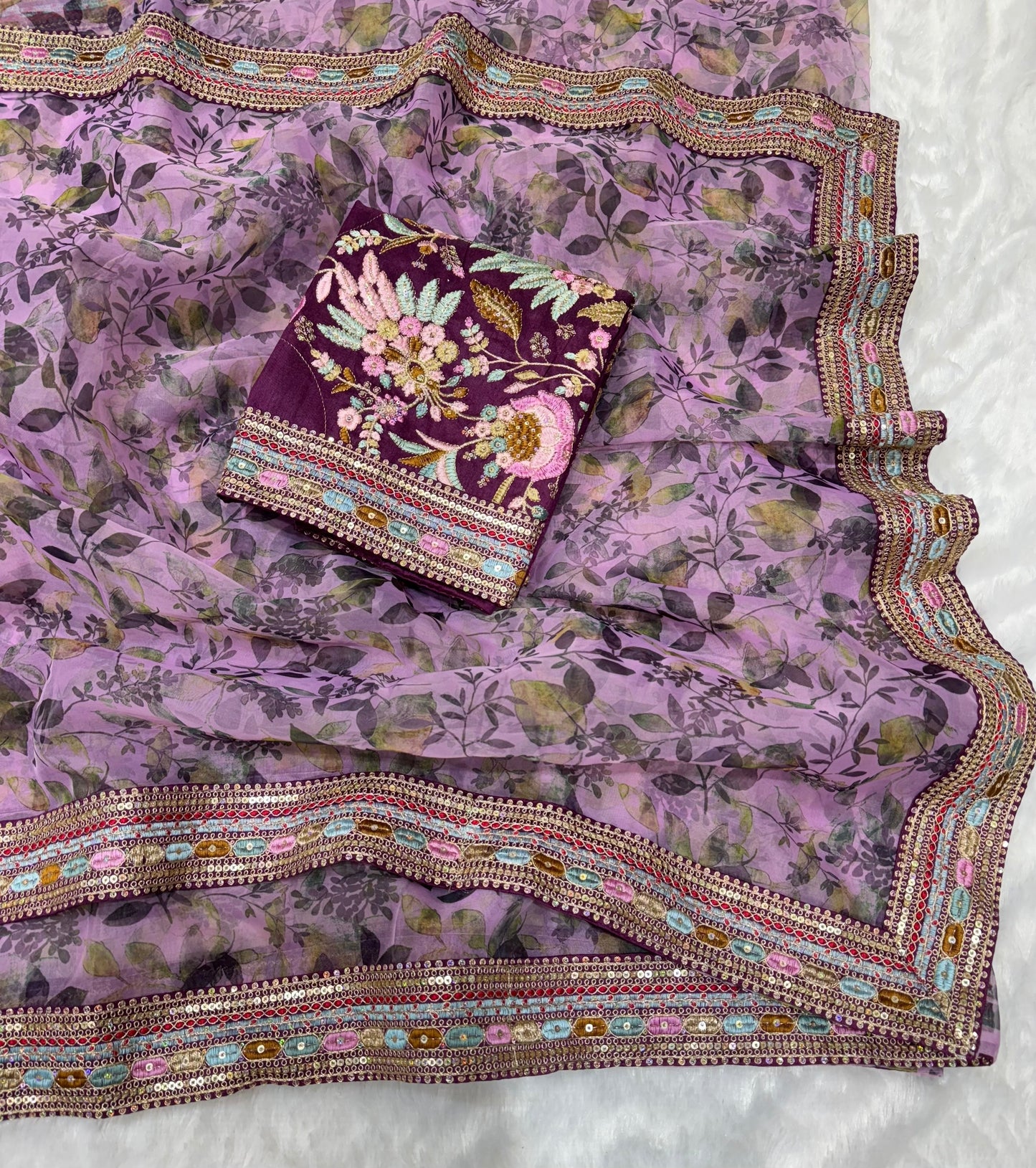 Dual Sequins And Multicoloured Thread Embroidery Saree