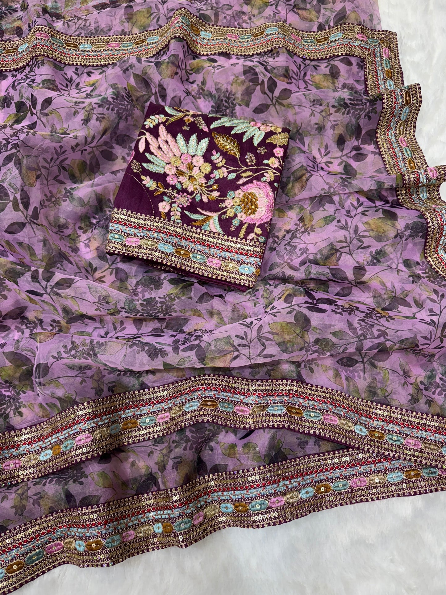 Dual Sequins And Multicoloured Thread Embroidery Saree