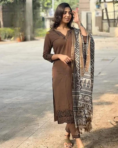 Brown Embroidered Cotton Suit Set with Dupatta