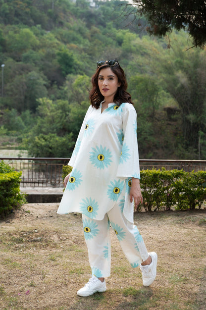 Mandarin Collar Floral Printed Pure Cotton co-ord set