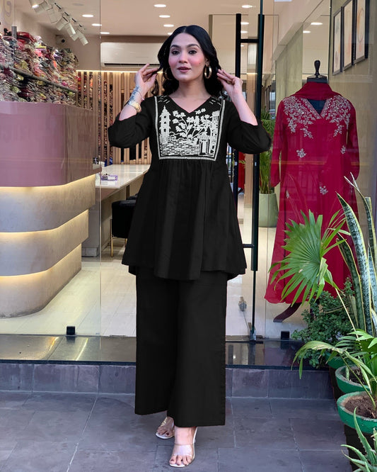 Women's Black Short Kurti And Palazzo Set Embroidery Work