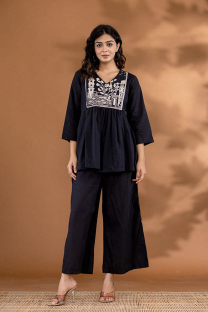 Women's Black Short Kurti And Palazzo Set Embroidery Work