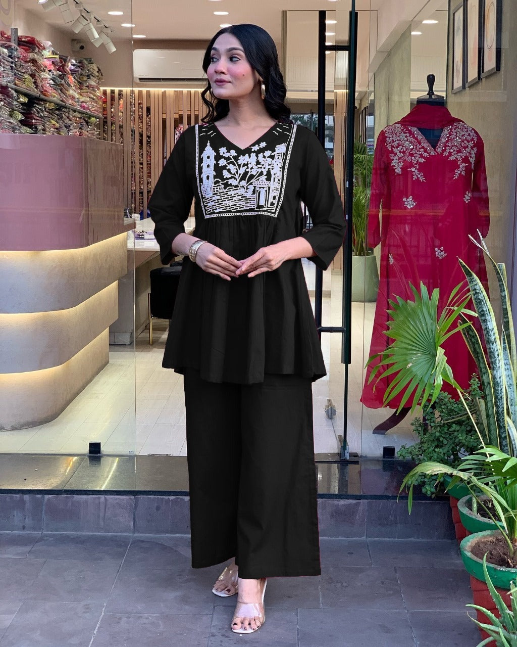 Women's Black Short Kurti And Palazzo Set Embroidery Work