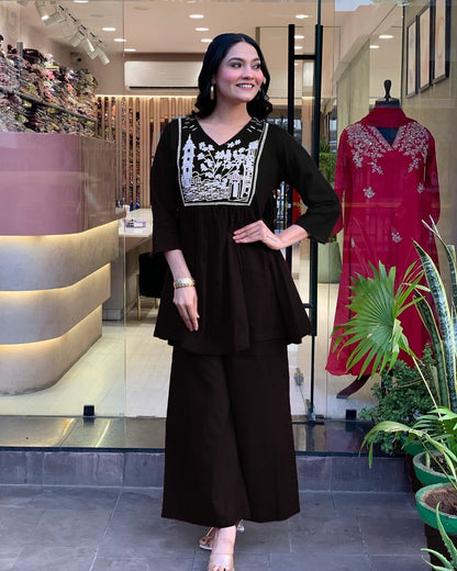 Women's Black Short Kurti And Palazzo Set Embroidery Work