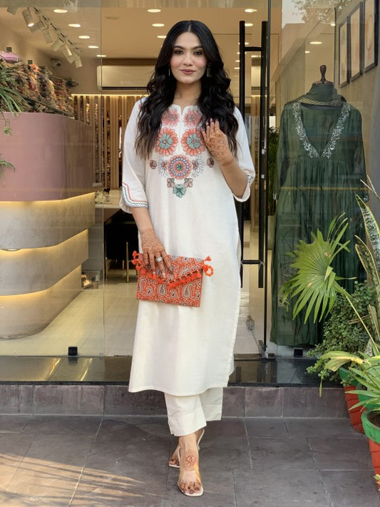 Women’s White Cotton Straight Kurta with Floral Embroidery and Pants Set