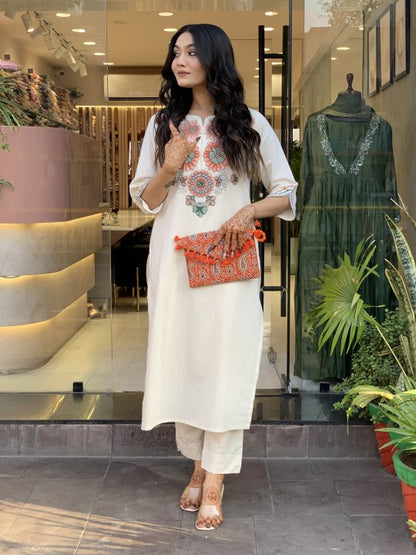 Women’s White Cotton Straight Kurta with Floral Embroidery and Pants Set