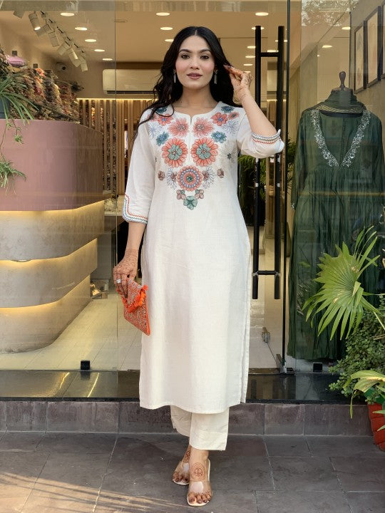 Women’s White Cotton Straight Kurta with Floral Embroidery and Pants Set