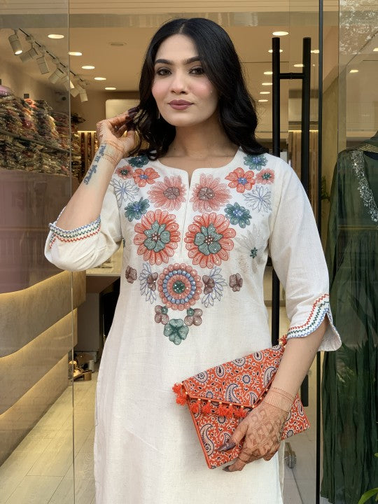 Women’s White Cotton Straight Kurta with Floral Embroidery and Pants Set