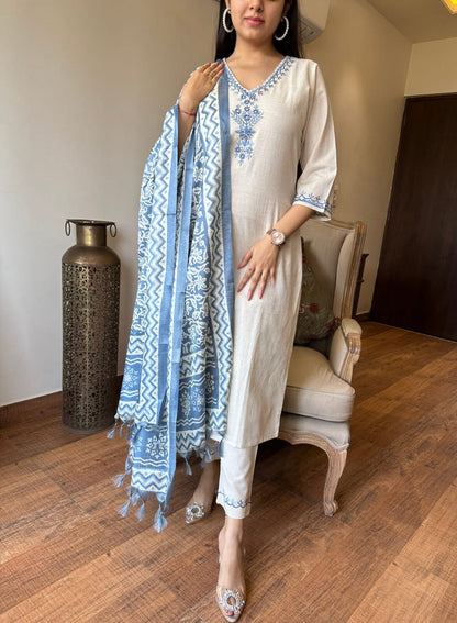 Women's Cotton Embroiderd Straight Kurti with Pant and Printed Dupatta Set