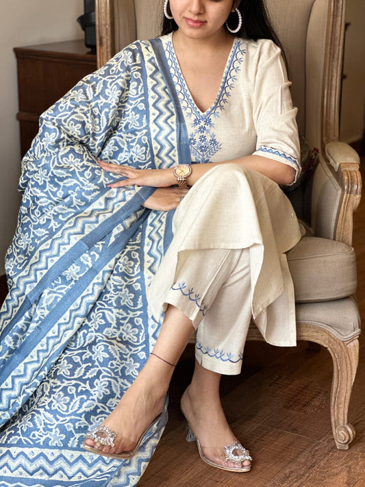 Women's Cotton Embroiderd Straight Kurti with Pant and Printed Dupatta Set