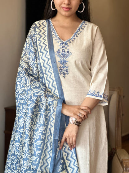 Women's Cotton Embroiderd Straight Kurti with Pant and Printed Dupatta Set
