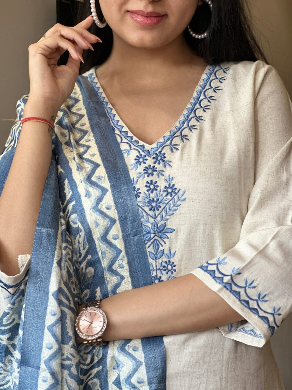 Women's Cotton Embroiderd Straight Kurti with Pant and Printed Dupatta Set