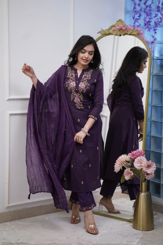 Embroidered Cotton Suit Set with Dupatta