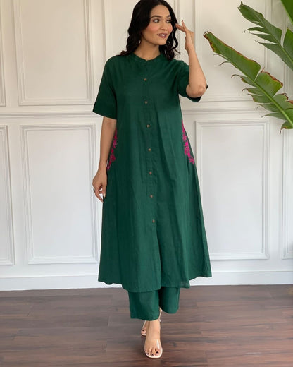 Premium South Cotton A-Line Kurta Set with Hand Embroidery