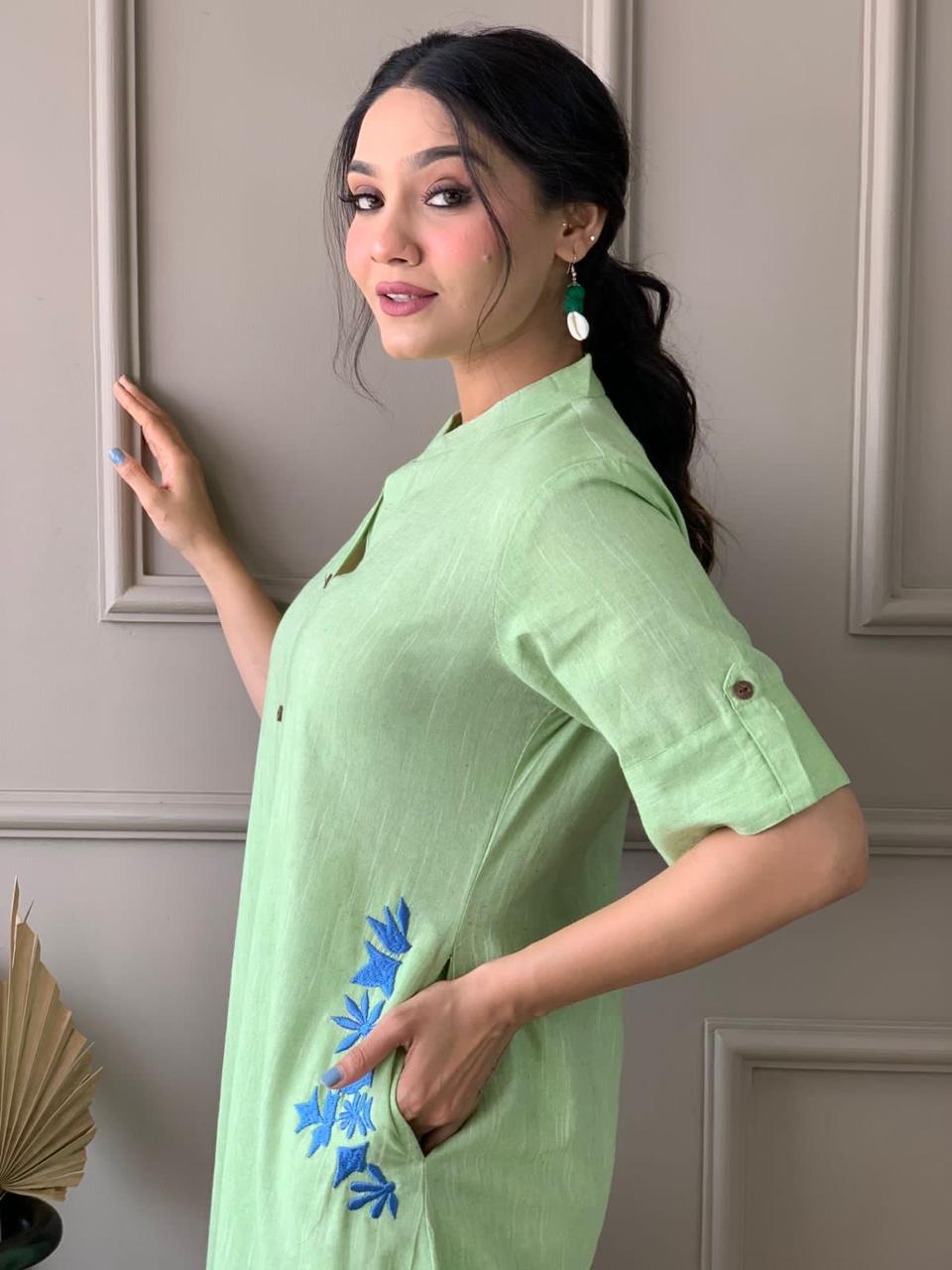 Premium South Cotton A-Line Kurta Set with Hand Embroidery