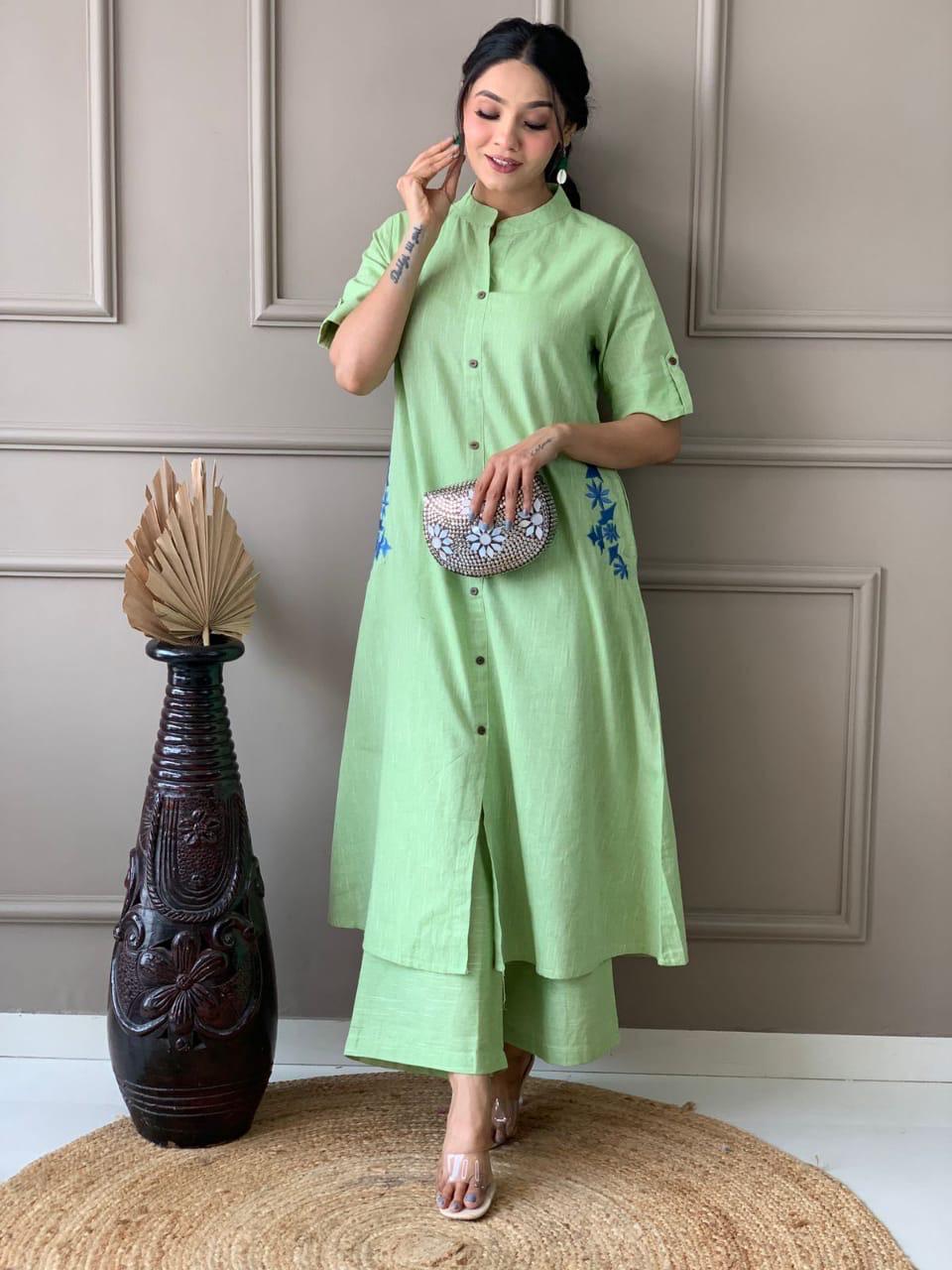 Premium South Cotton A-Line Kurta Set with Hand Embroidery