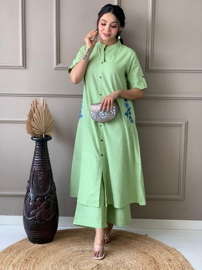 Premium South Cotton A-Line Kurta Set with Hand Embroidery