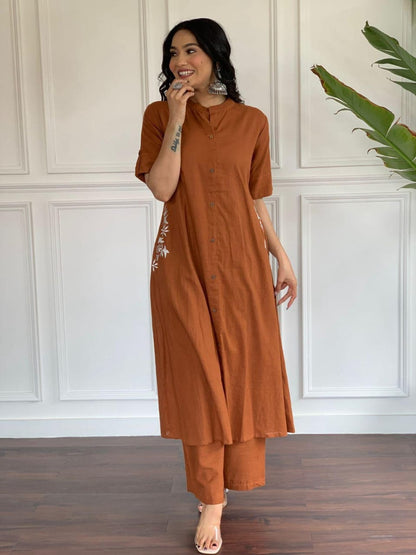Premium South Cotton A-Line Kurta Set with Hand Embroidery