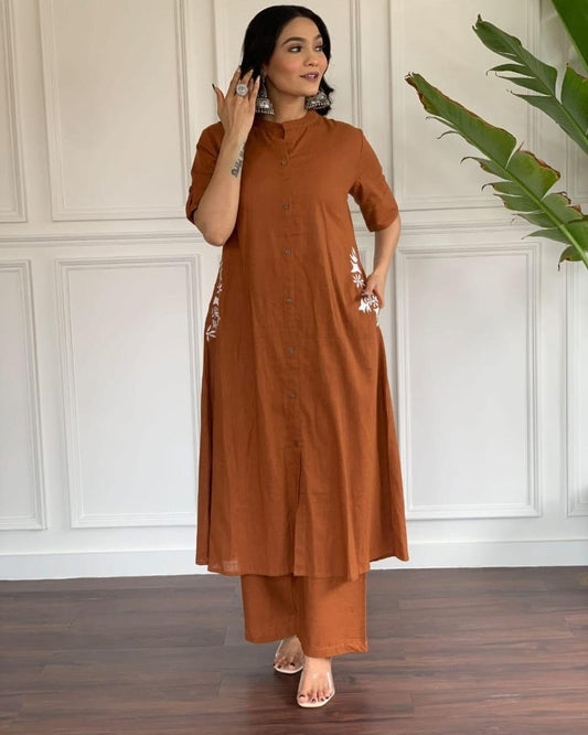 Premium South Cotton A-Line Kurta Set with Hand Embroidery