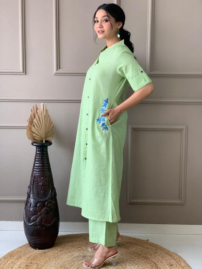 Premium South Cotton A-Line Kurta Set with Hand Embroidery